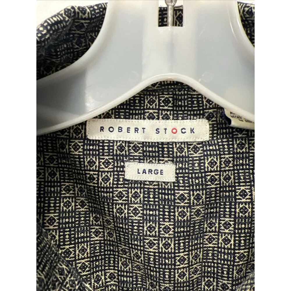 Robert Stock Mens Navy Blue And Tan Pattern Long Sleeve Button Shirt Size Large - Picture 3 of 9